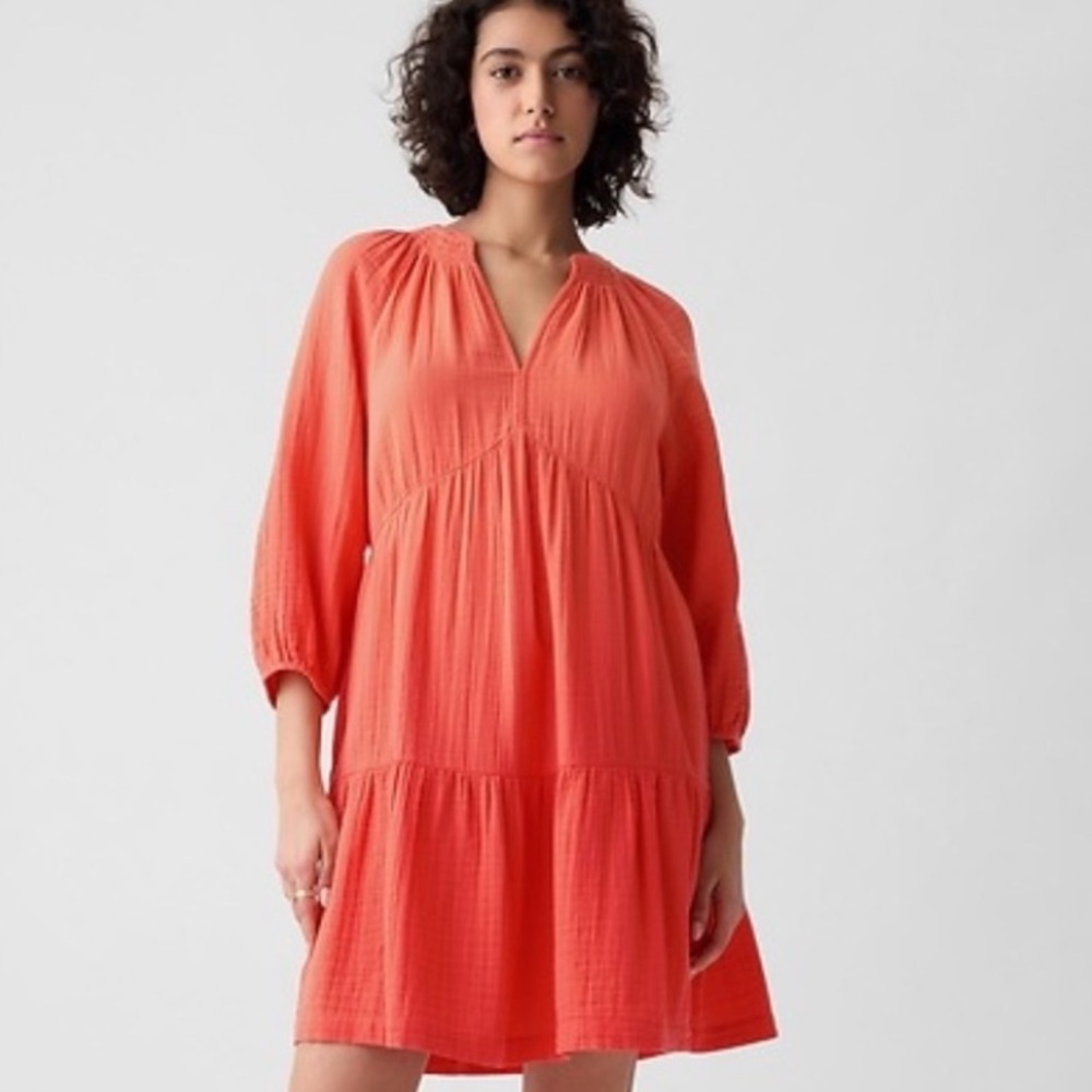 NWT GAP 3 TIERED CRINKLE GAUZE MED TALL MINI DRESS - ELBOW SLEEVES - POCKETS